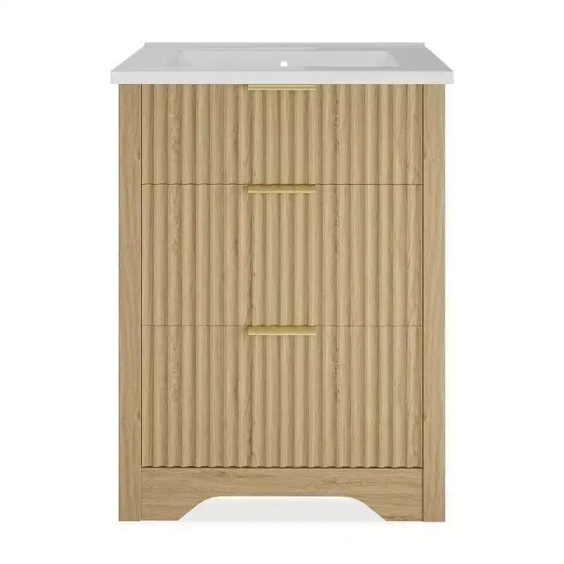 Mobile lavabo bagno moderno scanalato freestanding con lavello - Mobile contenitore a 2 cassetti con cassetto a ribalta - Set in finitura legno contemporaneo