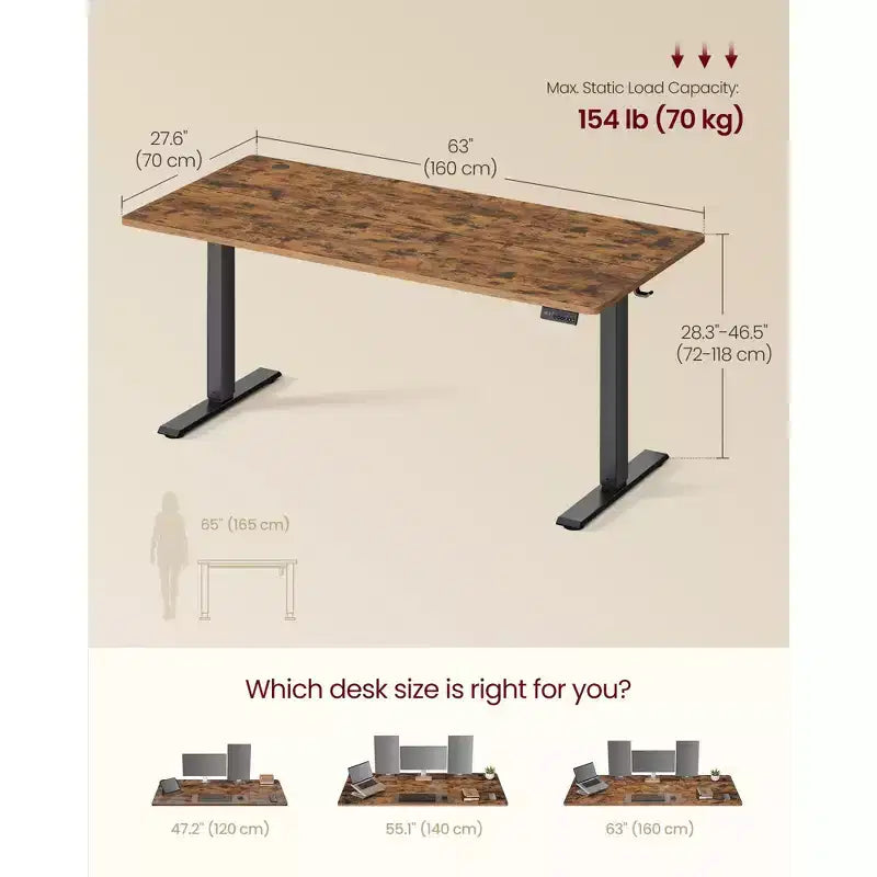 VASAGLE Scrivania Elettrica Regolabile in Altezza, Funzione Promemoria Sedentario, 4 Memorie di Altezza, per Ufficio Casa, 160 x 70 cm, Marrone Rustico