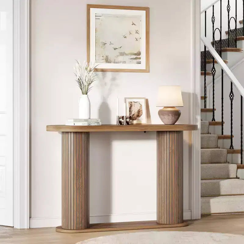 Consolle in Legno Scanalato da 108 cm, Tavolino Stretto per Divano Ingresso con Ripiano Portaoggetti Dietro al Divano, Espositore Moderno per Corridoio e Soggiorno