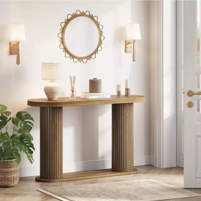 Consolle in Legno Scanalato da 108 cm, Tavolino Stretto per Divano Ingresso con Ripiano Portaoggetti Dietro al Divano, Espositore Moderno per Corridoio e Soggiorno