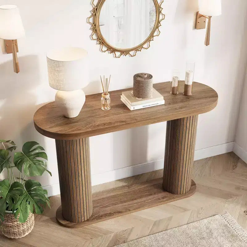 Consolle in Legno Scanalato da 108 cm, Tavolino Stretto per Divano Ingresso con Ripiano Portaoggetti Dietro al Divano, Espositore Moderno per Corridoio e Soggiorno