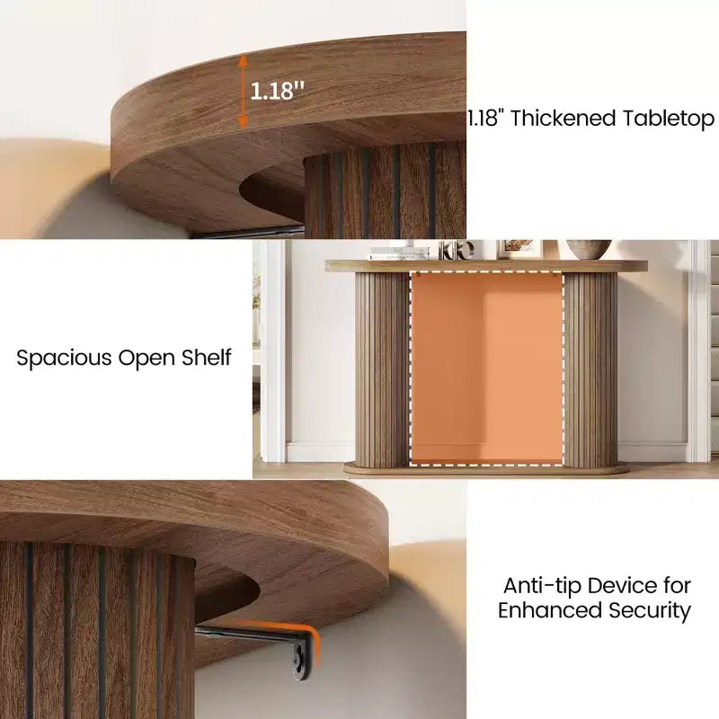 Consolle in Legno Scanalato da 108 cm, Tavolino Stretto per Divano Ingresso con Ripiano Portaoggetti Dietro al Divano, Espositore Moderno per Corridoio e Soggiorno