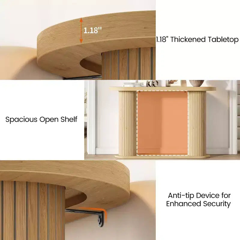 Consolle in Legno Scanalato da 108 cm, Tavolino Stretto per Divano Ingresso con Ripiano Portaoggetti Dietro al Divano, Espositore Moderno per Corridoio e Soggiorno