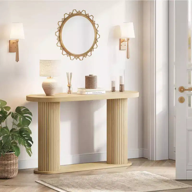 Consolle in Legno Scanalato da 108 cm, Tavolino Stretto per Divano Ingresso con Ripiano Portaoggetti Dietro al Divano, Espositore Moderno per Corridoio e Soggiorno