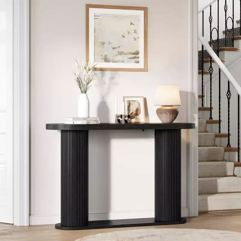 Consolle in Legno Scanalato da 108 cm, Tavolino Stretto per Divano Ingresso con Ripiano Portaoggetti Dietro al Divano, Espositore Moderno per Corridoio e Soggiorno