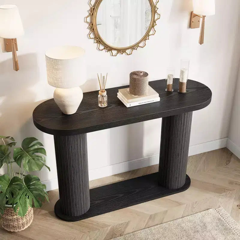 Consolle in Legno Scanalato da 108 cm, Tavolino Stretto per Divano Ingresso con Ripiano Portaoggetti Dietro al Divano, Espositore Moderno per Corridoio e Soggiorno