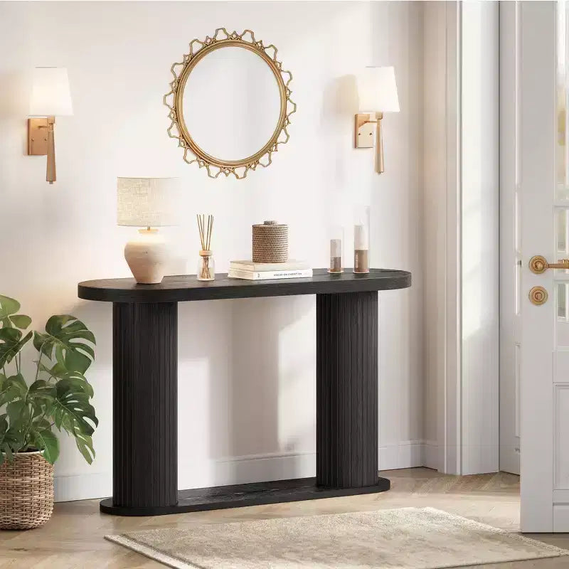 Consolle in Legno Scanalato da 108 cm, Tavolino Stretto per Divano Ingresso con Ripiano Portaoggetti Dietro al Divano, Espositore Moderno per Corridoio e Soggiorno