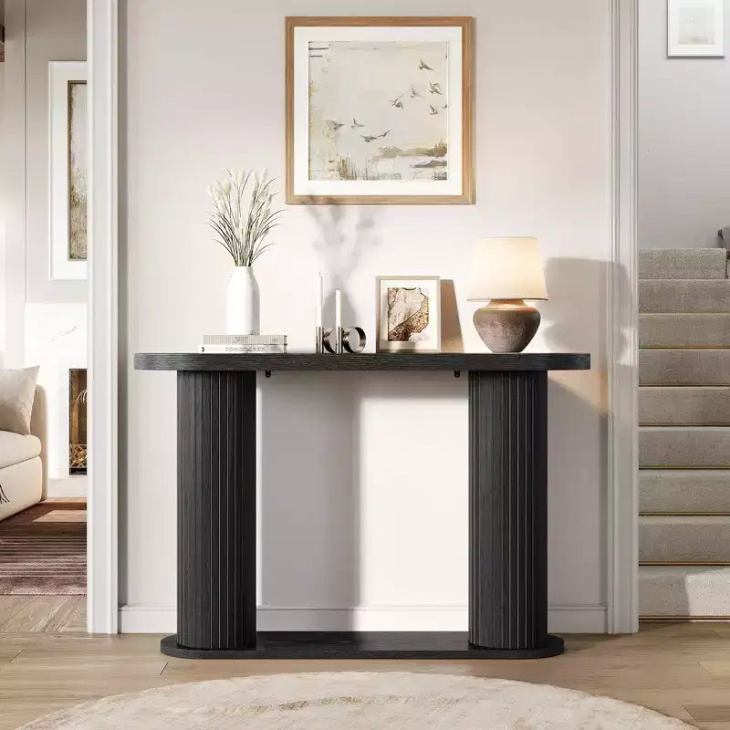 Consolle in Legno Scanalato da 108 cm, Tavolino Stretto per Divano Ingresso con Ripiano Portaoggetti Dietro al Divano, Espositore Moderno per Corridoio e Soggiorno