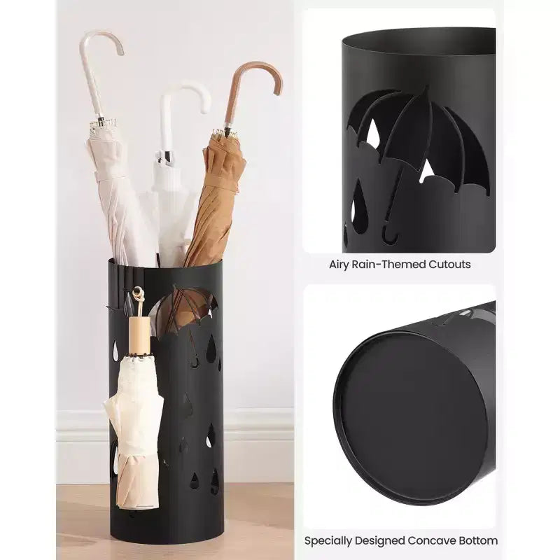 SONGMICS Portaombrelli, Porta Ombrelli in Metallo per Ingresso, con Vaschetta Raccogligocce e 4 Ganci, 17 x 17 x 41 cm, Rotondo, Nero