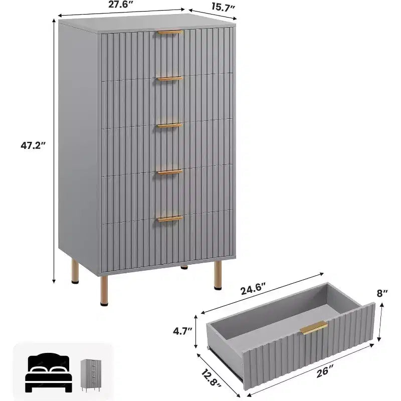 Cassettiera a 5 cassetti moderna scanalata, alta 122 cm, in legno, con contenitori profondi, piano ampio, per casa ufficio