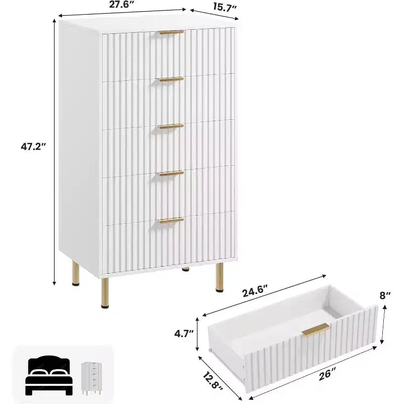 Cassettiera a 5 cassetti moderna scanalata, alta 122 cm, in legno, con contenitori profondi, piano ampio, per casa ufficio