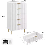 Cassettiera a 5 cassetti moderna scanalata, alta 122 cm, in legno, con contenitori profondi, piano ampio, per casa ufficio
