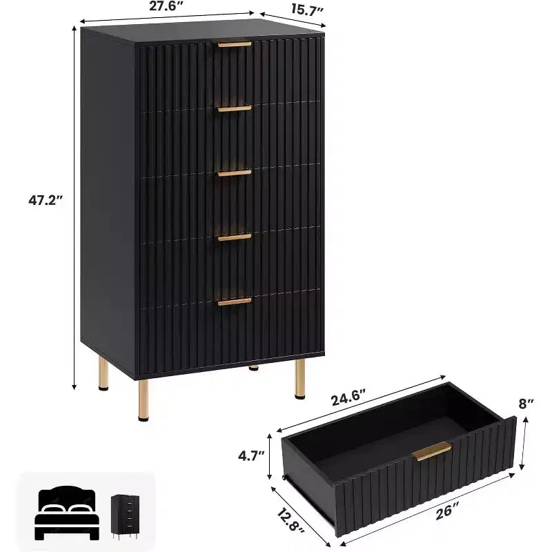 Cassettiera a 5 cassetti moderna scanalata, alta 122 cm, in legno, con contenitori profondi, piano ampio, per casa ufficio