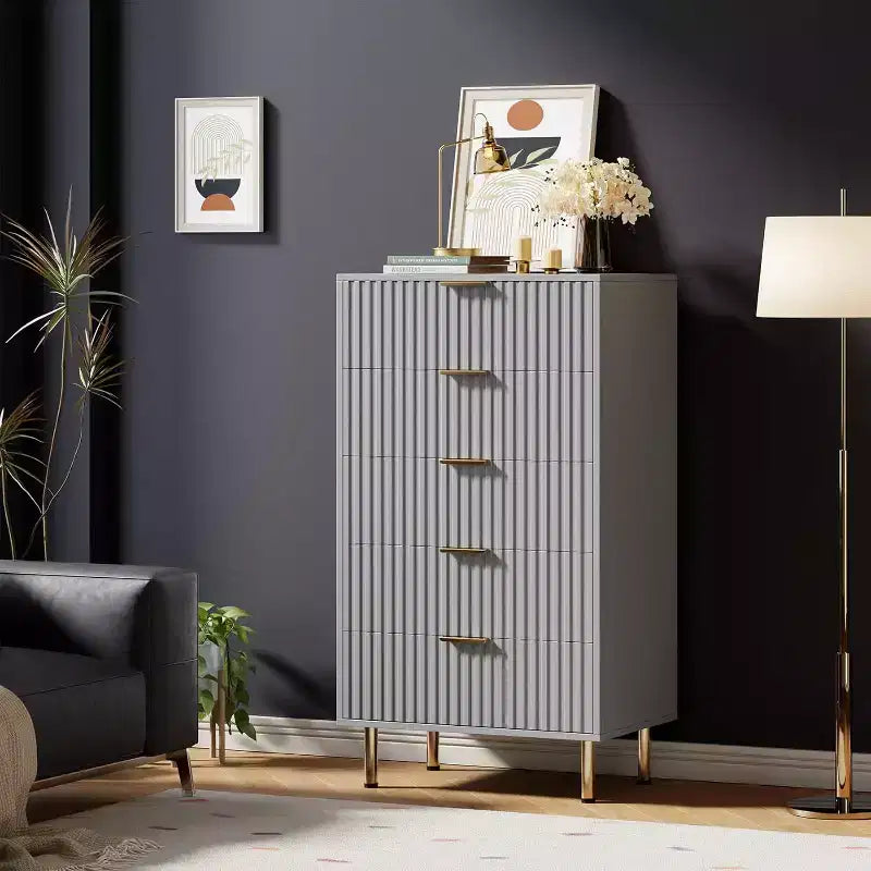 Cassettiera a 5 cassetti moderna scanalata, alta 122 cm, in legno, con contenitori profondi, piano ampio, per casa ufficio