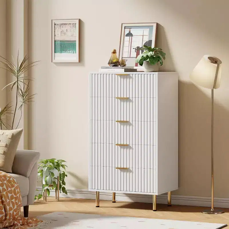 Cassettiera a 5 cassetti moderna scanalata, alta 122 cm, in legno, con contenitori profondi, piano ampio, per casa ufficio