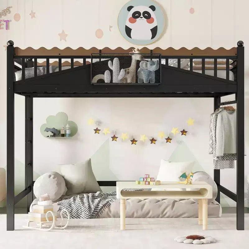 Letto a soppalco in metallo ModernLuxe di dimensioni Twin XL/Full/Queen con mensole portaoggetti e scaletta, senza bisogno di rete, nero
