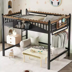Letto a soppalco in metallo ModernLuxe di dimensioni Twin XL/Full/Queen con mensole portaoggetti e scaletta, senza bisogno di rete, nero