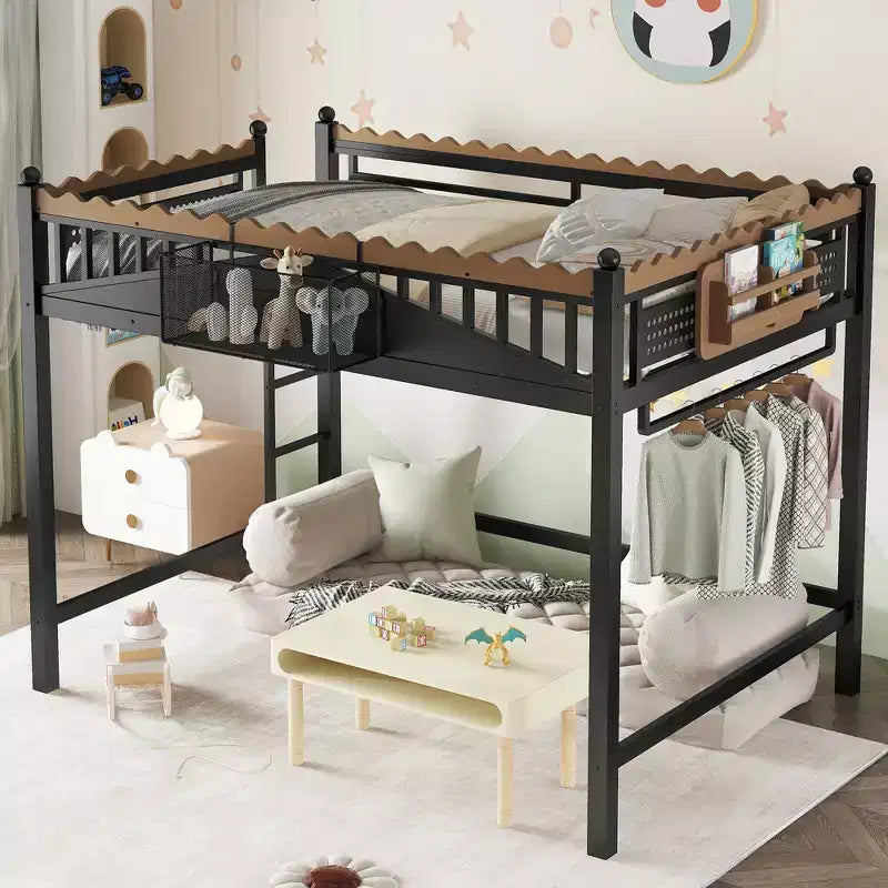 Letto a soppalco in metallo ModernLuxe di dimensioni Twin XL/Full/Queen con mensole portaoggetti e scaletta, senza bisogno di rete, nero