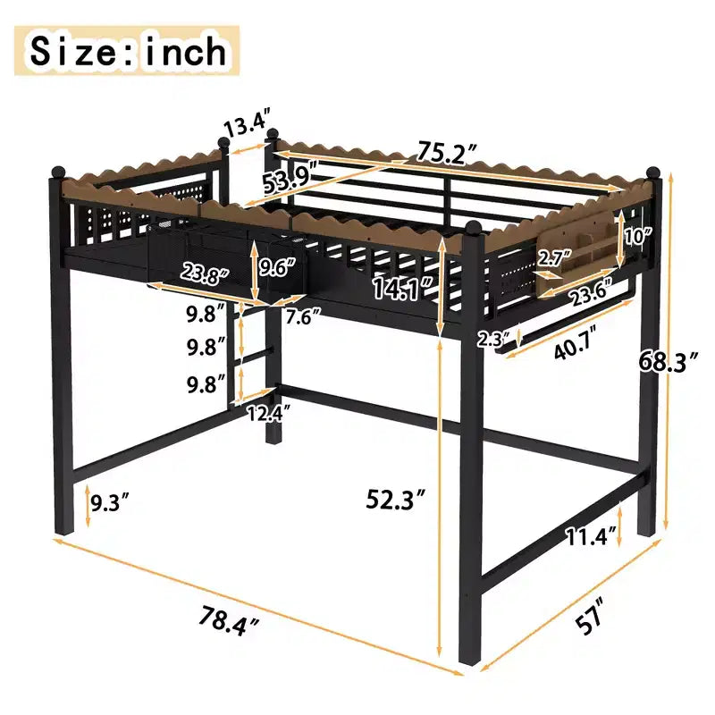 Letto a soppalco in metallo ModernLuxe di dimensioni Twin XL/Full/Queen con mensole portaoggetti e scaletta, senza bisogno di rete, nero