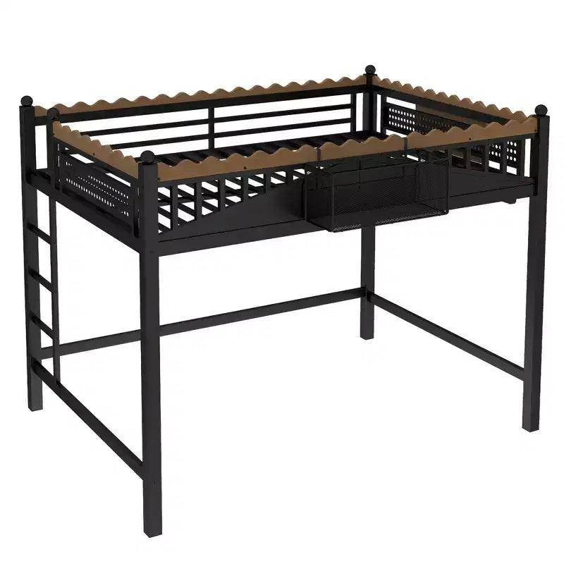 Letto a soppalco in metallo ModernLuxe di dimensioni Twin XL/Full/Queen con mensole portaoggetti e scaletta, senza bisogno di rete, nero