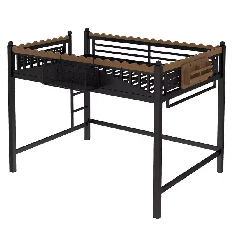 Letto a soppalco in metallo ModernLuxe di dimensioni Twin XL/Full/Queen con mensole portaoggetti e scaletta, senza bisogno di rete, nero