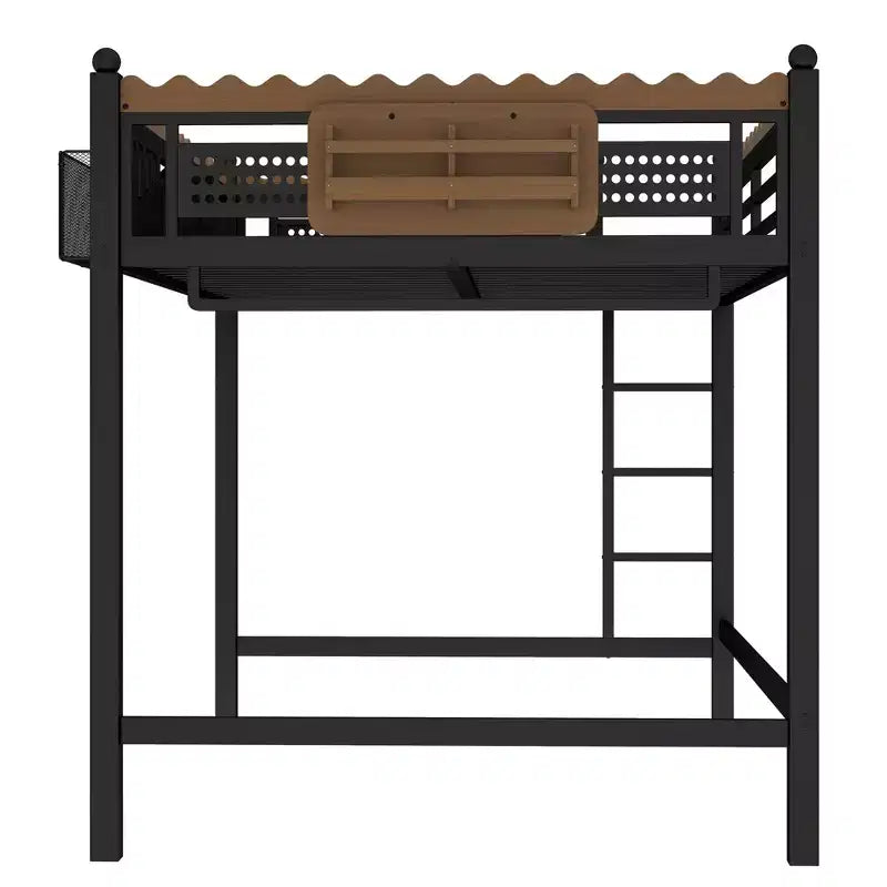 Letto a soppalco in metallo ModernLuxe di dimensioni Twin XL/Full/Queen con mensole portaoggetti e scaletta, senza bisogno di rete, nero