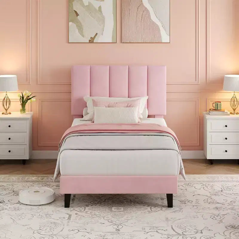 Upholstered Platform Bed Frame with Adjustable Height Vertical Channel Tufted Headboard, Sturdy Wooden Slats, Noise-Free