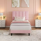 Upholstered Platform Bed Frame with Adjustable Height Vertical Channel Tufted Headboard, Sturdy Wooden Slats, Noise-Free