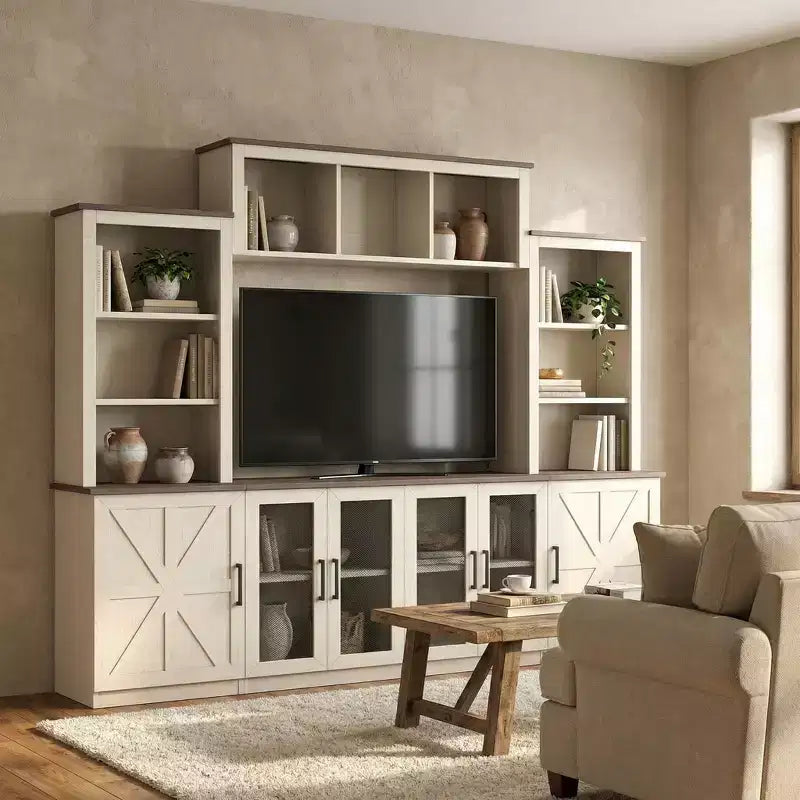 Mobile TV/Centro di Intrattenimento a Parete JVNOXK con Ampio Spazio di Archiviazione e Stazione di Ricarica, Mobile TV Moderno, Beige
