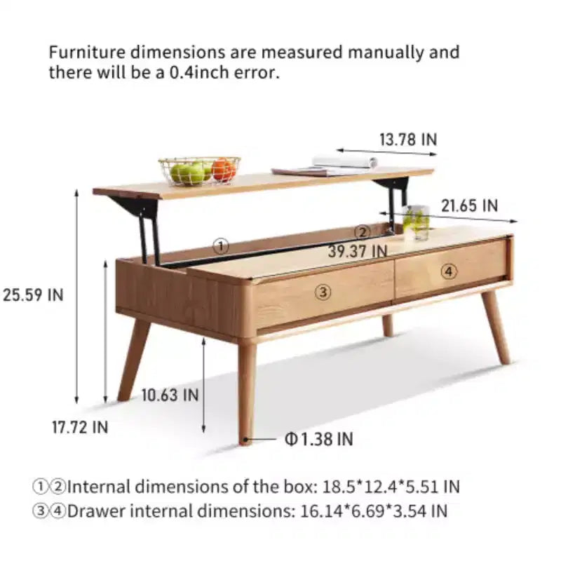 Tavolino da caffè elevabile in legno massello di rovere, 100x60x45cm, multiuso come tavolino centrale e scrivania da studio, ripiano portaoggetti integrato, facile montaggio per l'ufficio domestico