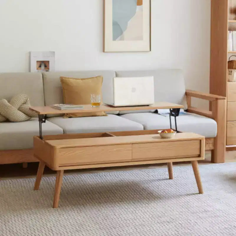 Tavolino da caffè elevabile in legno massello di rovere, 100x60x45cm, multiuso come tavolino centrale e scrivania da studio, ripiano portaoggetti integrato, facile montaggio per l'ufficio domestico