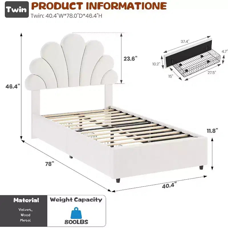 Struttura letto imbottita GustoWave per bambini con 2 cassetti portaoggetti, una piazza e mezza