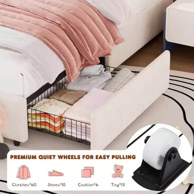 Struttura letto imbottita GustoWave per bambini con 2 cassetti portaoggetti, una piazza e mezza