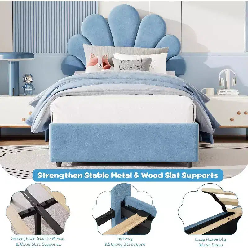 Struttura letto imbottita GustoWave per bambini con 2 cassetti portaoggetti, una piazza e mezza