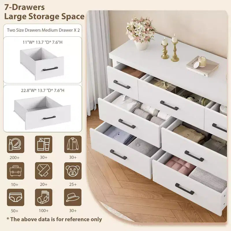 Cassettiera moderna a 7 cassetti, cassettone spazioso in legno, maniglie in metallo, organizer versatile per camera da letto, soggiorno, cameretta dei bambini, armadio
