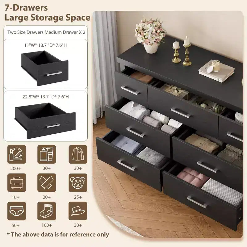 Cassettiera moderna a 7 cassetti, cassettone spazioso in legno, maniglie in metallo, organizer versatile per camera da letto, soggiorno, cameretta dei bambini, armadio