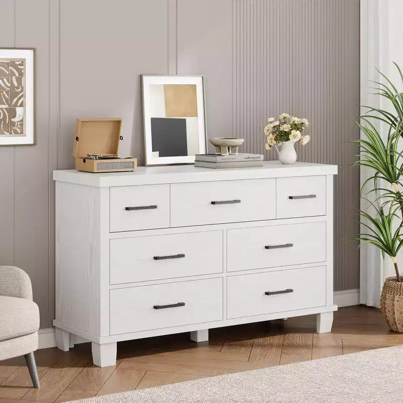 Cassettiera moderna a 7 cassetti, cassettone spazioso in legno, maniglie in metallo, organizer versatile per camera da letto, soggiorno, cameretta dei bambini, armadio