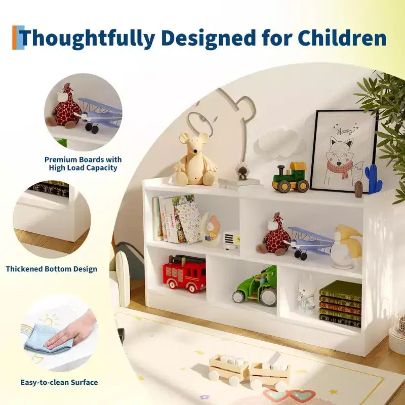 Libreria per bambini a 2 ripiani e portaoggetti per giocattoli, organizer a 5 sezioni aperto, mobiletto in legno per bambini, per sala giochi, cameretta e aula