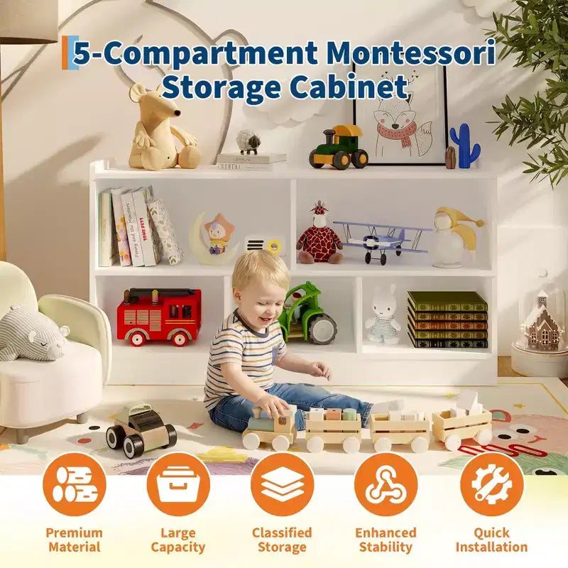 Libreria per bambini a 2 ripiani e portaoggetti per giocattoli, organizer a 5 sezioni aperto, mobiletto in legno per bambini, per sala giochi, cameretta e aula
