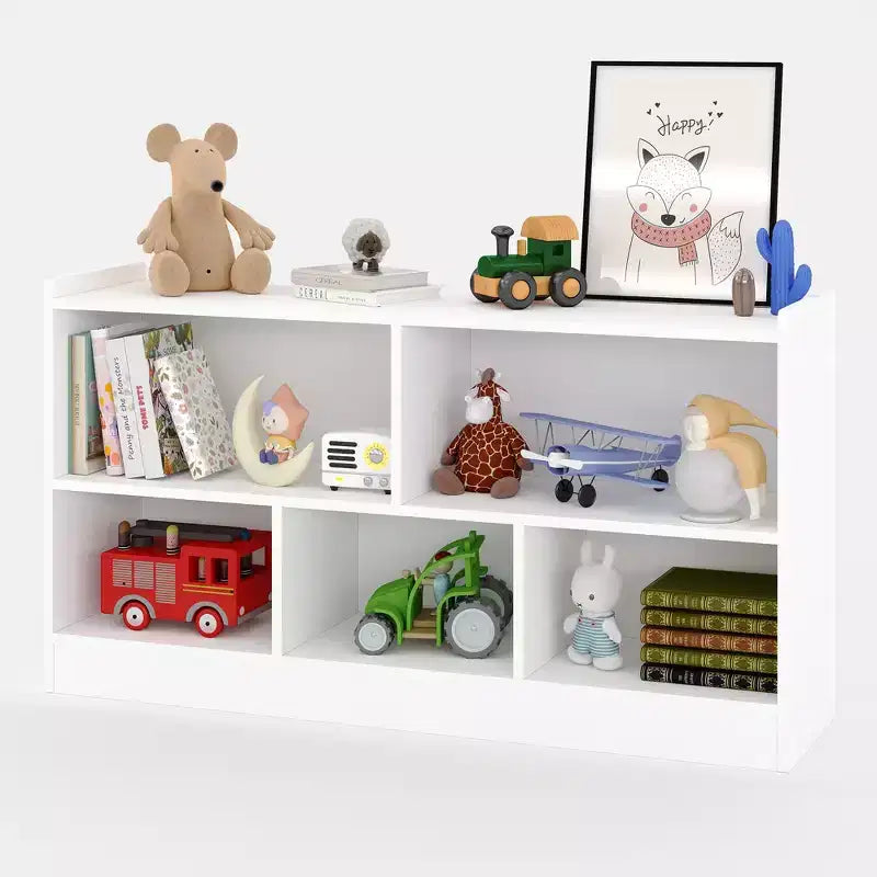 Libreria per bambini a 2 ripiani e portaoggetti per giocattoli, organizer a 5 sezioni aperto, mobiletto in legno per bambini, per sala giochi, cameretta e aula