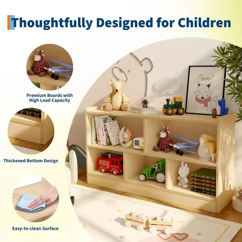 Libreria per bambini a 2 ripiani e portaoggetti per giocattoli, organizer a 5 sezioni aperto, mobiletto in legno per bambini, per sala giochi, cameretta e aula