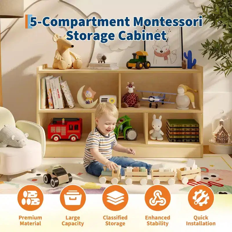 Libreria per bambini a 2 ripiani e portaoggetti per giocattoli, organizer a 5 sezioni aperto, mobiletto in legno per bambini, per sala giochi, cameretta e aula