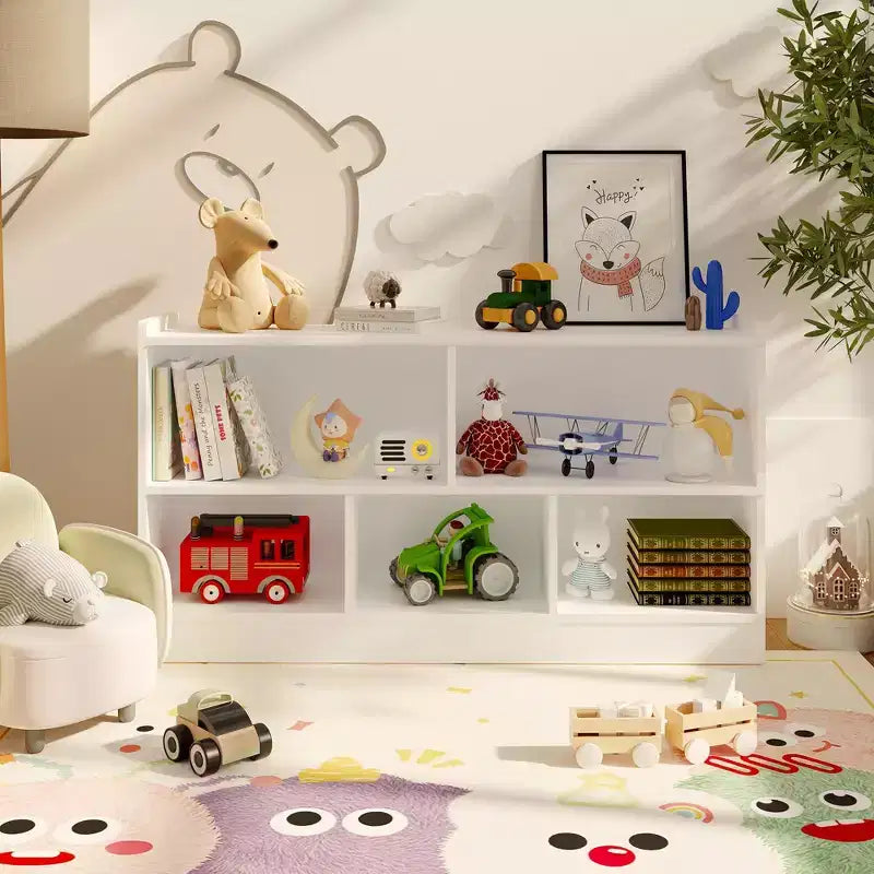 Libreria per bambini a 2 ripiani e portaoggetti per giocattoli, organizer a 5 sezioni aperto, mobiletto in legno per bambini, per sala giochi, cameretta e aula
