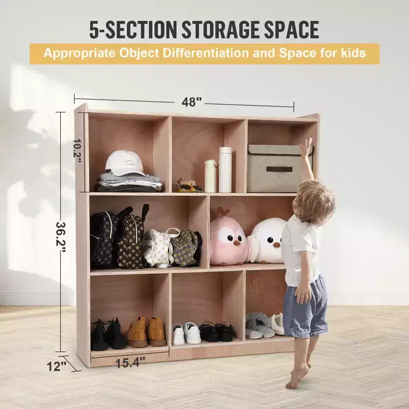 Mobile portatutto a 8 scomparti, 2 contenitori, ruote scorrevoli, armadietto organizer in legno per casa, scuola, asilo nido