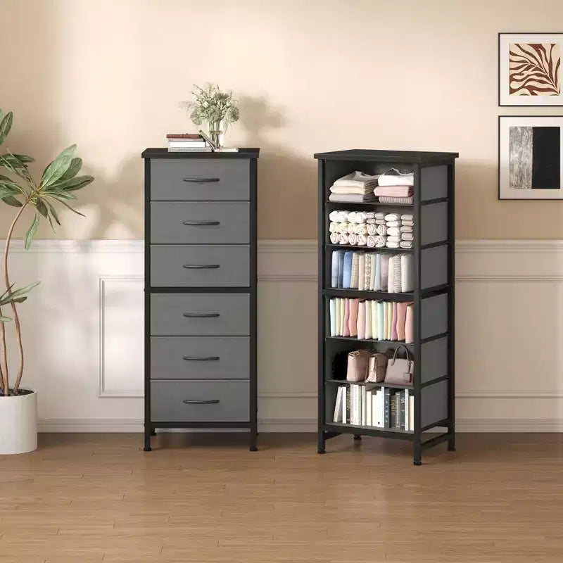 JIONJOY 6-Tier Narrow Drawer Storage Cabinet with Open Shelves, for Bedroom, Living Room, Office OrganizationGray Fabric