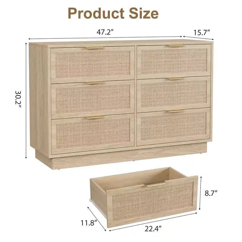 Comò in Rattan a 6 Cassetti per Camera da Letto, Cassettiera in Legno con Maniglie in Metallo, Organizzatore Moderno Versatile per Camera da Letto, Ingresso, Corridoio