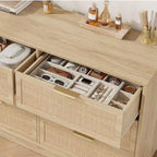 Comò in Rattan a 6 Cassetti per Camera da Letto, Cassettiera in Legno con Maniglie in Metallo, Organizzatore Moderno Versatile per Camera da Letto, Ingresso, Corridoio