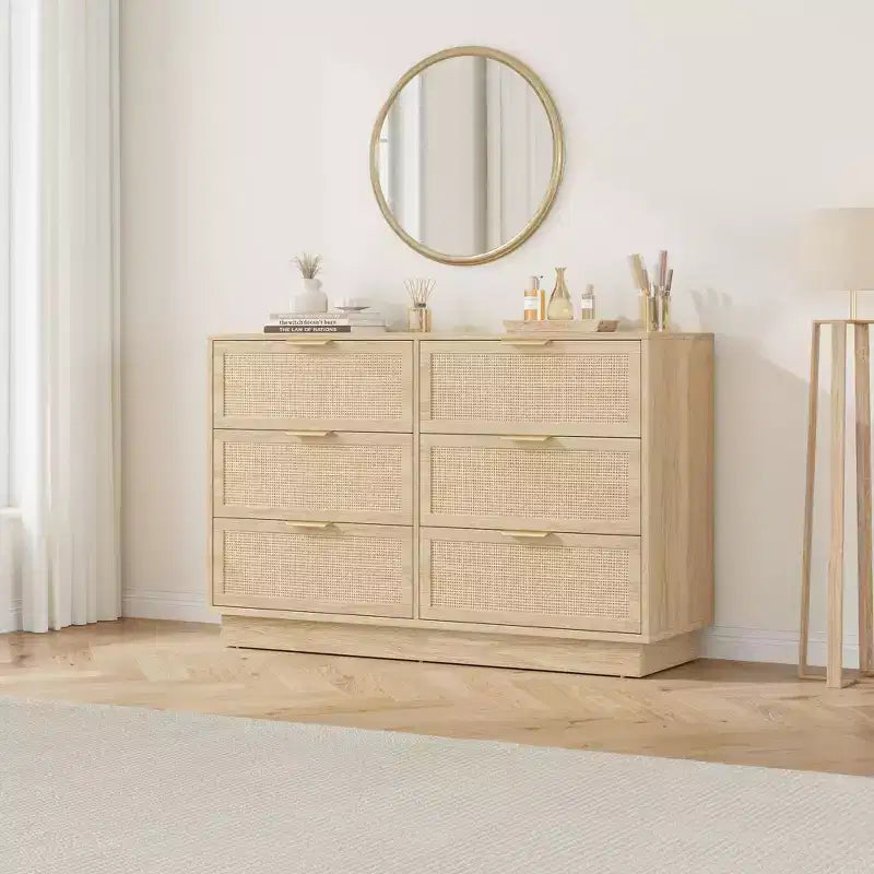 Comò in Rattan a 6 Cassetti per Camera da Letto, Cassettiera in Legno con Maniglie in Metallo, Organizzatore Moderno Versatile per Camera da Letto, Ingresso, Corridoio
