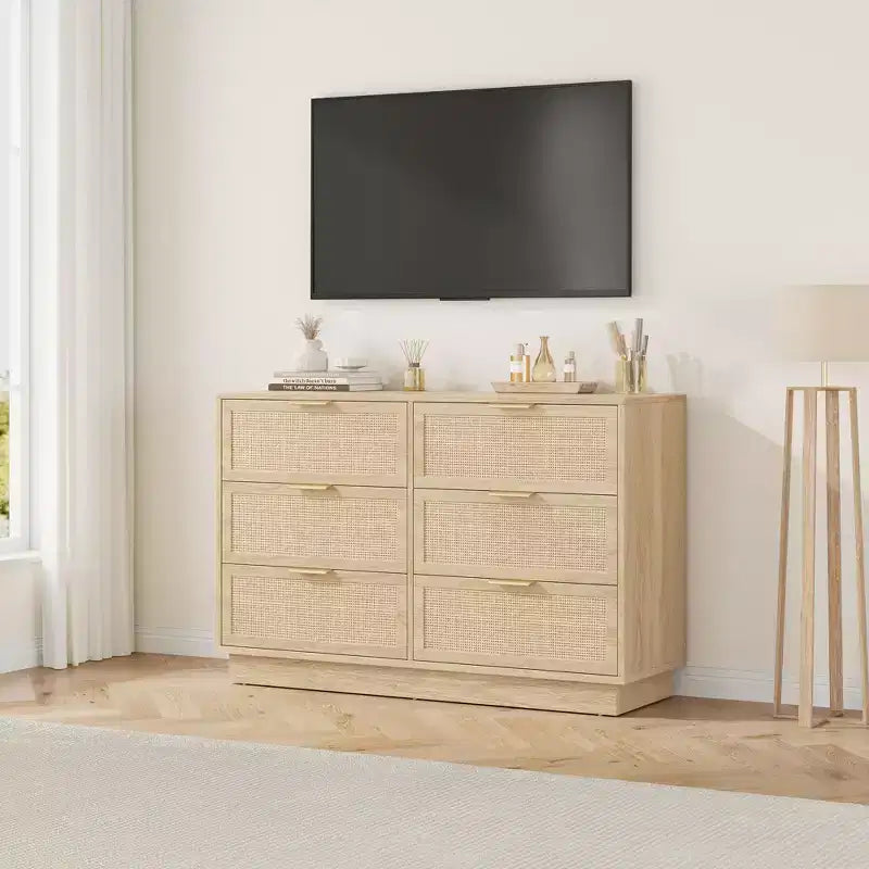 Comò in Rattan a 6 Cassetti per Camera da Letto, Cassettiera in Legno con Maniglie in Metallo, Organizzatore Moderno Versatile per Camera da Letto, Ingresso, Corridoio