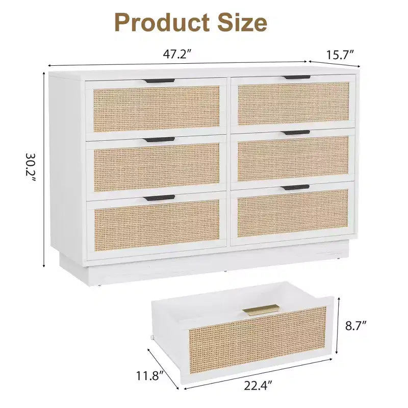 Comò in Rattan a 6 Cassetti per Camera da Letto, Cassettiera in Legno con Maniglie in Metallo, Organizzatore Moderno Versatile per Camera da Letto, Ingresso, Corridoio